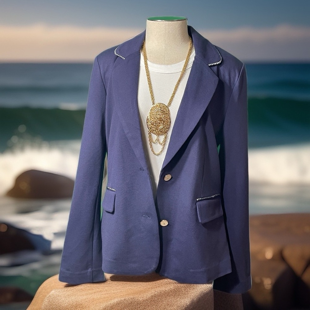 TWRHLL by Christie Brinkley Navy Knit Blazer Size Small NWT Rope Trim Nautical - Picture 8 of 13